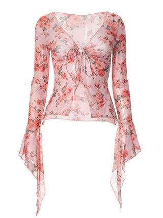 Leopard print v neck self tie long flared sleeve top