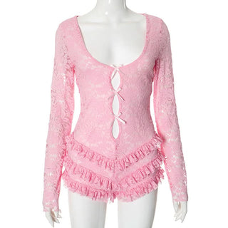 Long sleeve hollow out lace ruffle bowknot romper