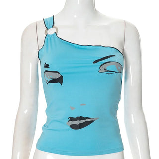 Irregular o ring one shoulder character pattern top