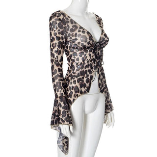 Leopard print v neck self tie long flared sleeve top