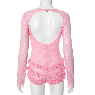 Long sleeve hollow out lace ruffle bowknot romper