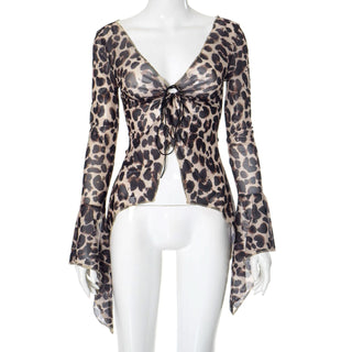 Leopard print v neck self tie long flared sleeve top