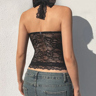 Lace hem halter self tie ruched backless top