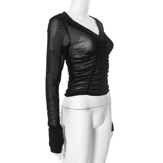 Long sleeve ruched mesh v neck gloves top