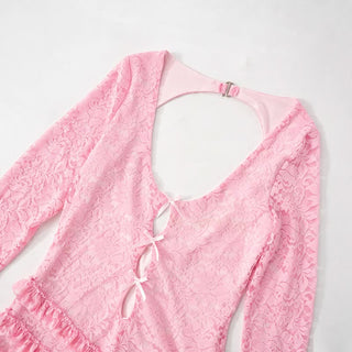 Long sleeve hollow out lace ruffle bowknot romper