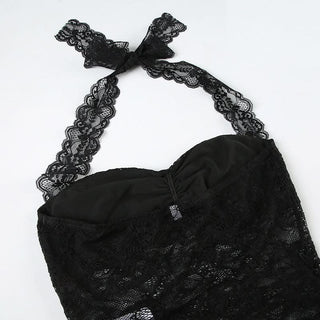 Lace hem halter self tie ruched backless top