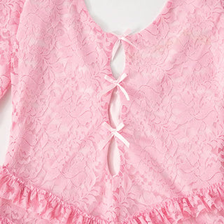 Long sleeve hollow out lace ruffle bowknot romper
