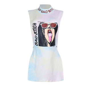 Hollow out high neck letter avatar pattern cut out mini dress
