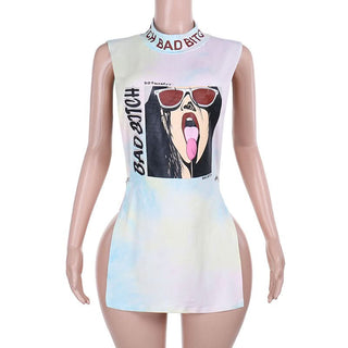 Hollow out high neck letter avatar pattern cut out mini dress