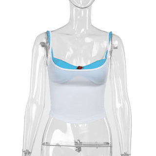 V neck flower applique backless contrast cami top