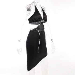 Halter self tie irregular deep V neck mini dress