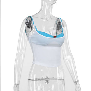 V neck flower applique backless contrast cami top