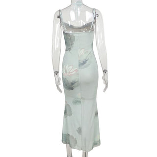 Ruched lotus print backless cami midi dress