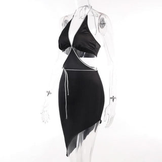 Halter self tie irregular deep V neck mini dress