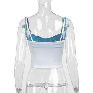 V neck flower applique backless contrast cami top