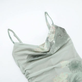 Ruched lotus print backless cami midi dress