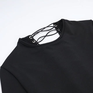 Long sleeve crewneck lace up solid maxi dress