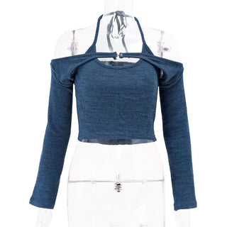 Halter self tie long sleeve u neck 2 piece top