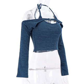 Halter self tie long sleeve u neck 2 piece top