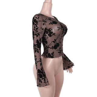 Long sleeve ruffle mesh stitch flower print top