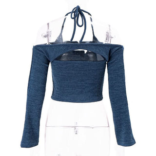 Halter self tie long sleeve u neck 2 piece top