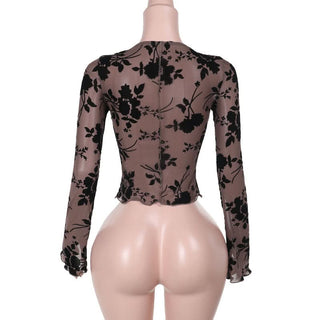 Long sleeve ruffle mesh stitch flower print top