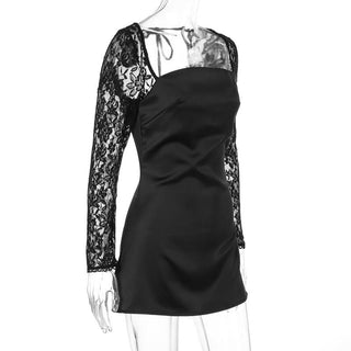 Long sleeve lace square neck self tie satin mini dress