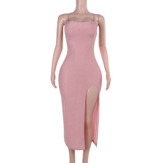 Cross back self tie slit square neck cami midi dress