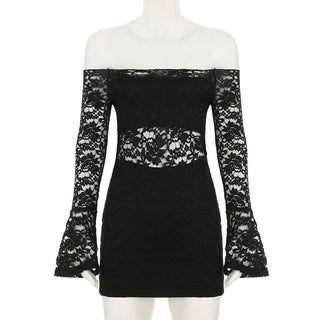Long flared sleeve lace off shoulder solid mini dress