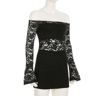 Long flared sleeve lace off shoulder solid mini dress
