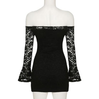 Long flared sleeve lace off shoulder solid mini dress