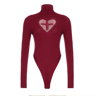 Long sleeve high neck button lace hem mesh bodysuit