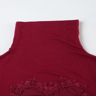 Long sleeve high neck button lace hem mesh bodysuit