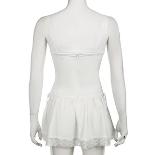 Square neck lace hem button zip-up cami mini dress