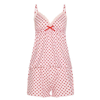 Bowknot lace hem v neck heart print cami pant set