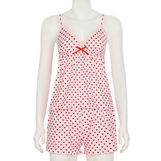 Bowknot lace hem v neck heart print cami pant set