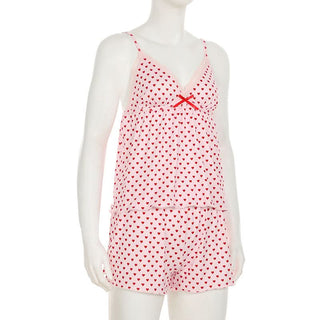 Bowknot lace hem v neck heart print cami pant set