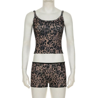 Leopard print u neck ribbed backless cami pant set