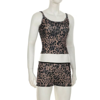 Leopard print u neck ribbed backless cami pant set