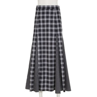 Plaid patchwork contrast zip-up maxi skirt