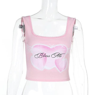 Square neck lace hem sweetheart print tank top