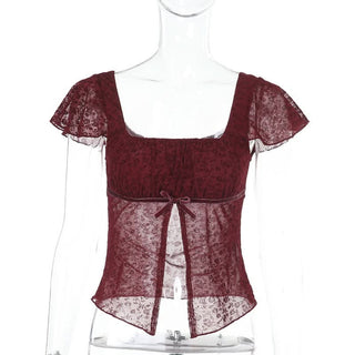 Cap sleeve square neck lace bowknot crop top