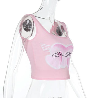 Square neck lace hem sweetheart print tank top