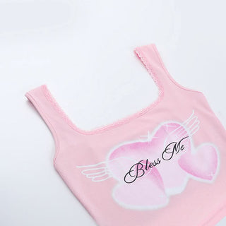 Square neck lace hem sweetheart print tank top