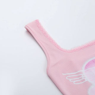 Square neck lace hem sweetheart print tank top