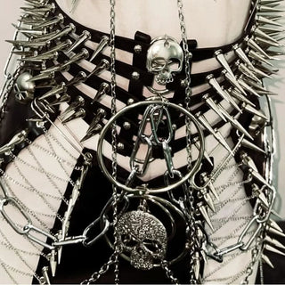PU leather metal chain skull applique belt mini skirt set