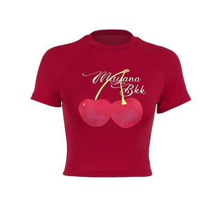 Crewneck short neck cherry print top