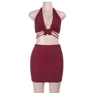 Halter v neck glitter butterfly applique mini skirt set