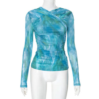 Long sleeve mesh ruched contrast top