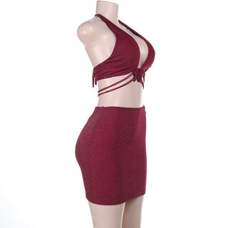 Halter v neck glitter butterfly applique mini skirt set